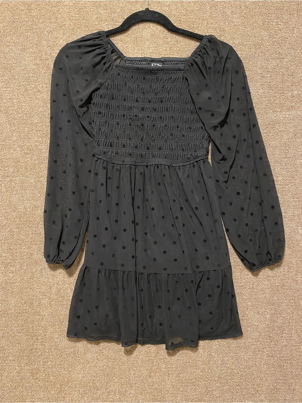 Art Class Girls  Black Swiss Dot Smocked Dress Large 10/12 Long Sleeve